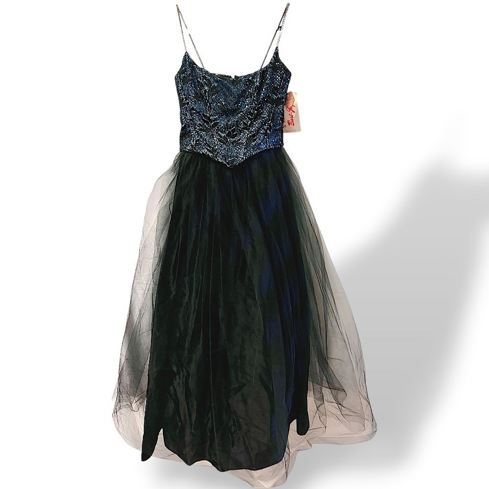 Vintage 90s Bari Jay Sequin Tulle Ball Gown Teal Black Prom Formal Dress Sz 3/4 - Picture 7 of 14